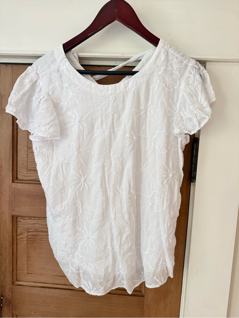 LOFT White Embroidered Ruffle Sleeve Blouse